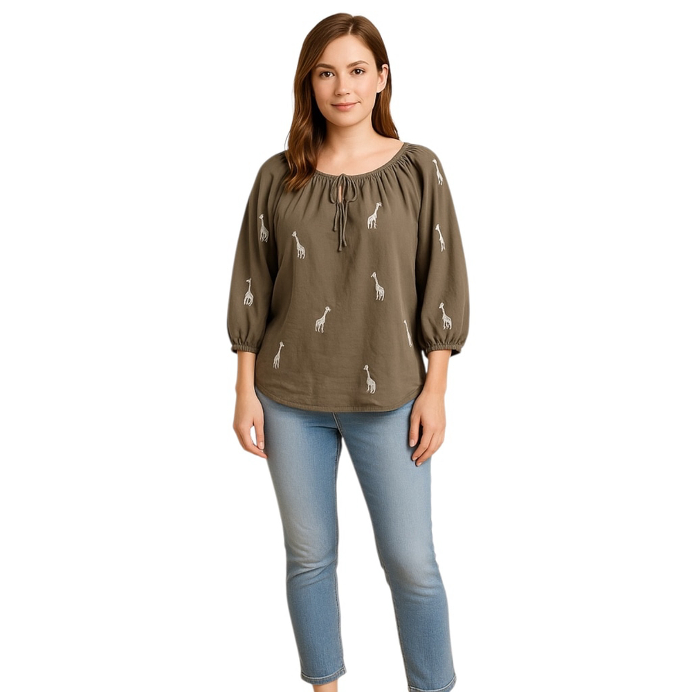 LOFT Giraffe Embroidered Blouse Top Womens L Green Puff Sleeve Casual Cotton